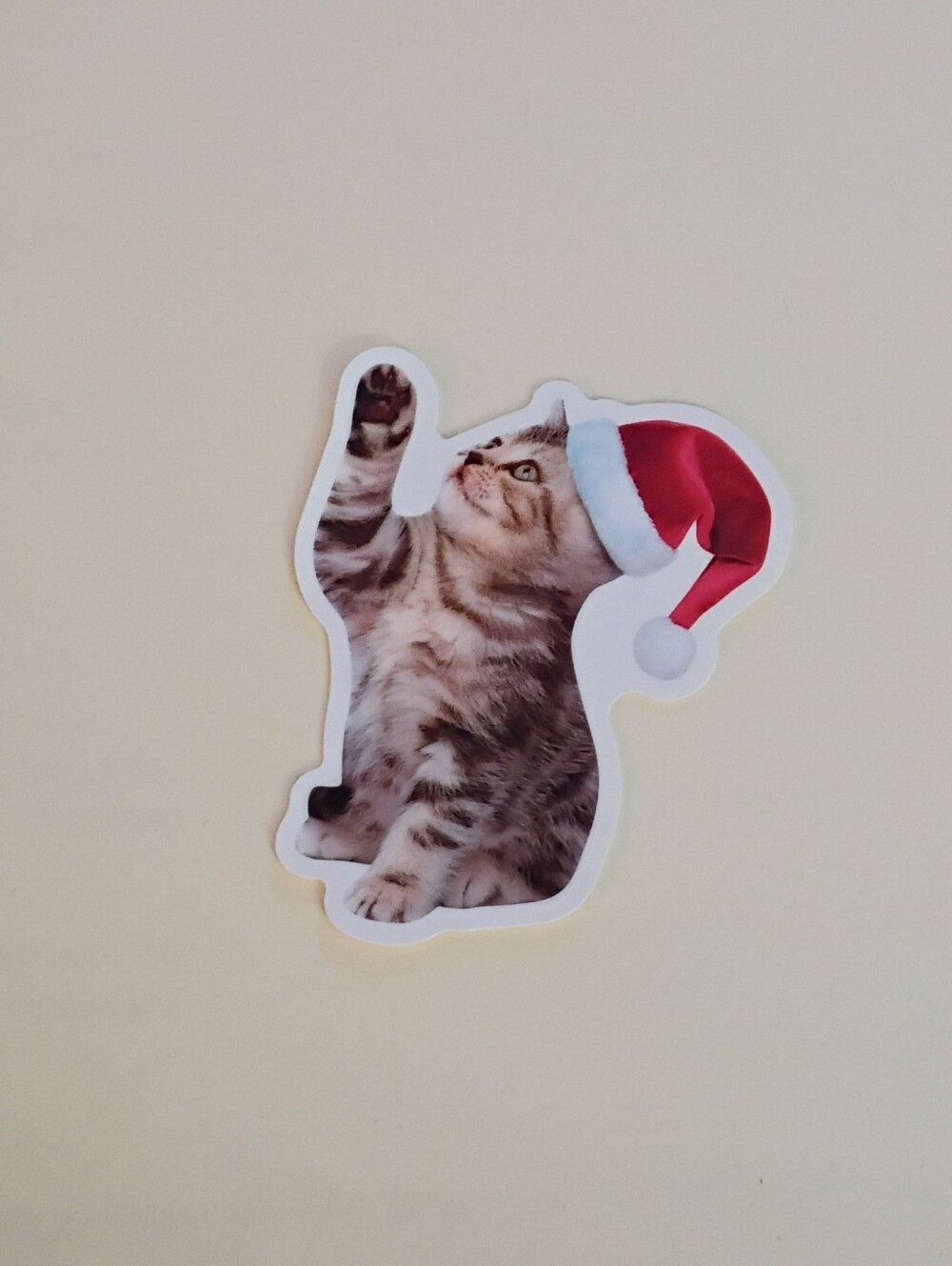 10/$10 Stickers Decal - Striped Cat / Kitten In Santa Hat w/ Lifted Paw - New